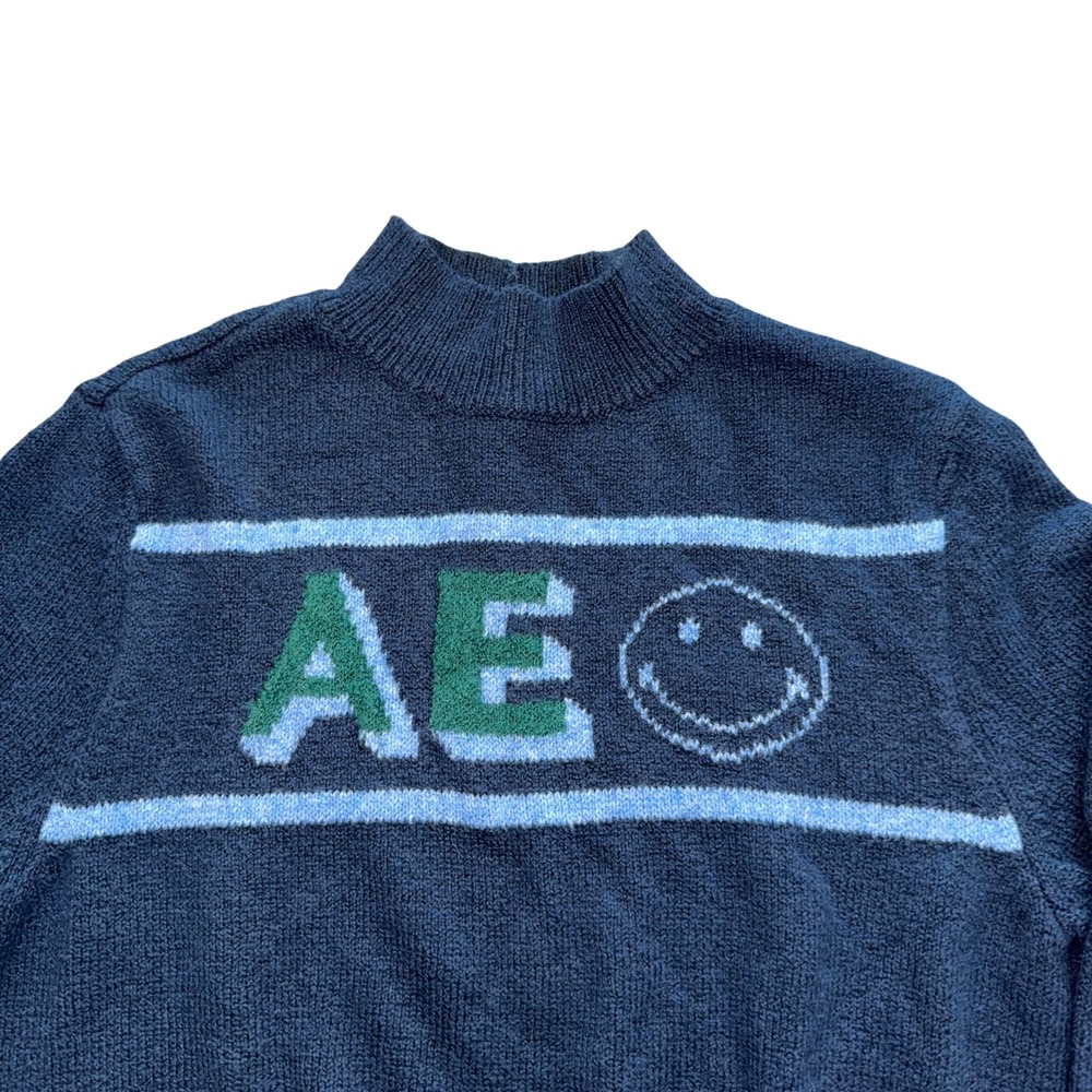 American Eagle Outfitters  Smiley Face Mock Neck Sweater Navy Blue Womens XL - Picture 2 of 6
